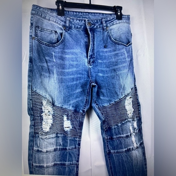 Y&R Men’s Blue Distressed Ribbed Knee Patched Jeans Size 34/32 New - Picture 4 of 11